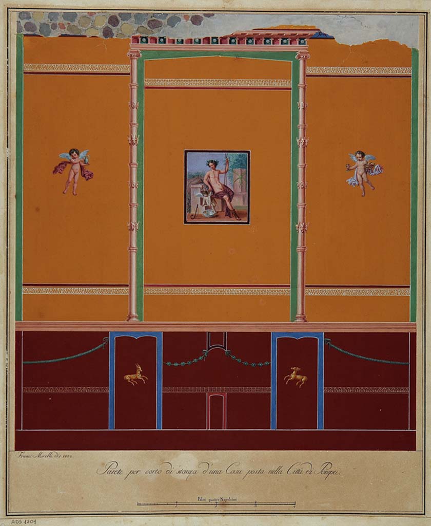 VI.17.36/32 or VI.17.25 Pompeii. Drawing by Franc. Morelli, of the short wall of a room. (1808).
Now in Naples Archaeological Museum. Inventory number ADS 1201.
Photo © ICCD. http://www.catalogo.beniculturali.it
Utilizzabili alle condizioni della licenza Attribuzione - Non commerciale - Condividi allo stesso modo 2.5 Italia (CC BY-NC-SA 2.5 IT)
According to Bragantini, the wall reproduced here cannot be accurately identified, but is probably the one containing “the figure of a seated man with cupid”.
(See Fiorelli G., 1860. Pompeianarum antiquitatum historia, Vol. 1: 1748 - 1818, Naples, 3, p.4 below).
The room was excavated 15th May 1808 in the presence of Giuseppe Bonaparte, and from 25th to the 30th November 1808, Morelli had applied himself to take the whole of the decoration.
See Bragantini, I. in Carratelli, G., 2003. Pompei: la documentazione nell’opera di disegnatori e pittori dei secoli XVIII e XIX. Roma: Treccani, (p.96-7)