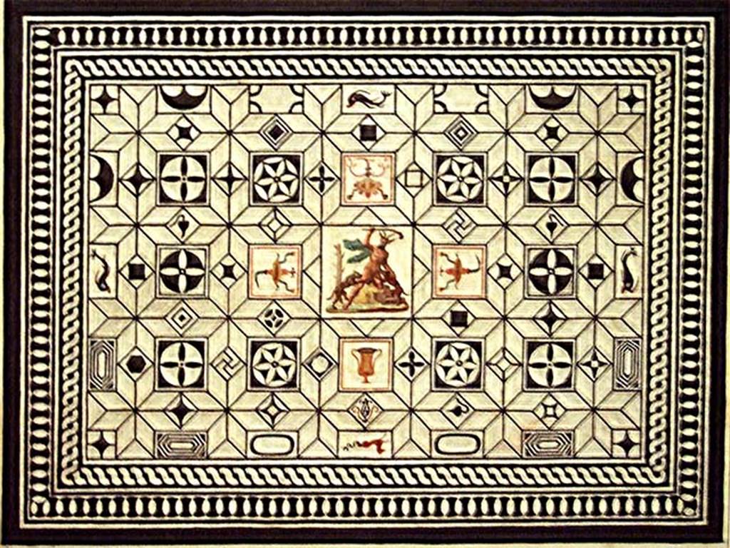 VI.17.36 Pompeii. c. 1800-1824. Painting of Actaeon Mosaic by F. Morelli. According to Niccolini, this was one of the most beautiful mosaics found at Pompeii. Rather than worked in mosaic, this floor would be said to be exquisitely painted, so great was the symmetry and equality of its details; and although it doesn't offer more than a geometric design, still it does not have a coldness, but has all the warmth of a composition.
In the square in the middle, we see Actaeon turned into a deer, being attacked by the dogs of Diana. See Niccolini F, 1890. Le case ed i monumenti di Pompei: Volume Terzo. Napoli, L’Arte in Pompei, tav. XIII.
According to Breton – “This house was built on the ancient city ramparts, and had many floors on terraces leading down to the sea, it appears to have been very large
but despite the excavations made in 1808 and 1817, it had never been fully excavated. Of the remains, much of it was in a large state of degradation. This house showed many remarkable peculiarities, having two doors onto the same street opening directly and without a prothyron onto two rooms bigger than an ordinary vestibule. The large Corinthian atrium (?peristyle) did not have a width of less than 28.9m: its portico was formed of arches and columns. The portico of the atrium, as well as several rooms, was paved with black and white mosaics. A fountain that decorated this area was not placed in the axis of the atrium, but a little to the side, in order to face the door of main vestibule. In one of the rooms that surrounded the atrium was another small fountain. Under this house was the most beautiful cellar yet found at Pompeii.
See Breton, Ernest. (1855). Pompeia, decrite et dessine: 2nd ed. Paris: Baudry, (p.219-220)