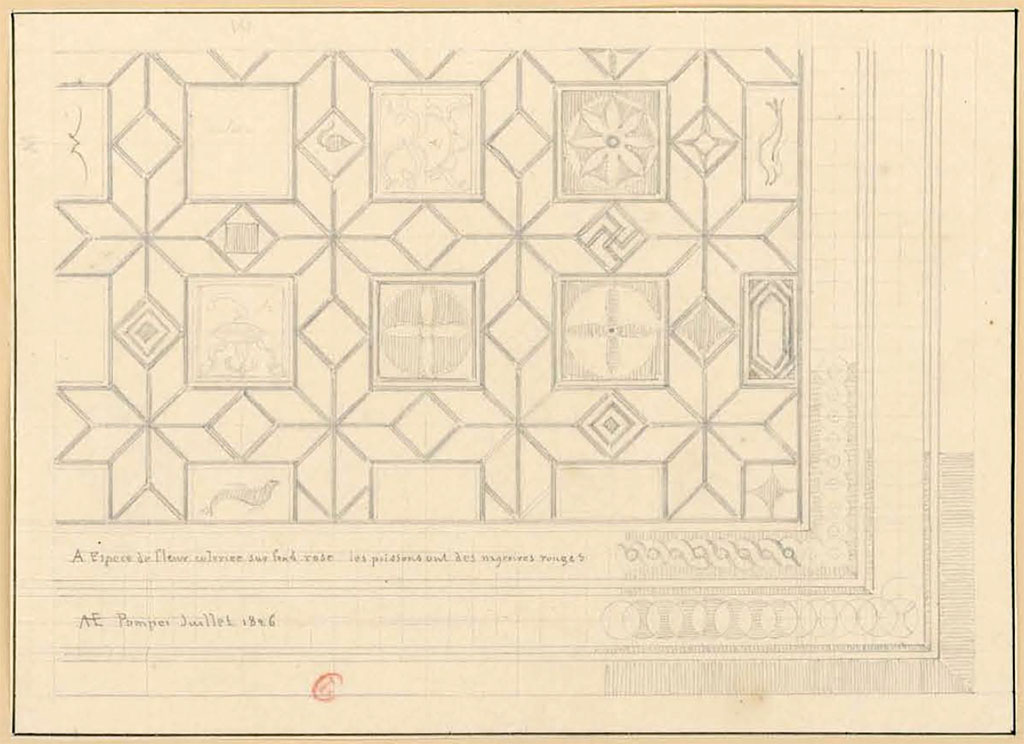 VI.17.36 or VI.17.25, Pompeii. July 1826. Sketch by P.A. Poirot of part of the Acteon mosaic
See Poirot, P. A., 1826. Carnets de dessins de Pierre-Achille Poirot. Tome 2 : Pompeia, pl. 77.
See Book on INHA Document placé sous « Licence Ouverte / Open Licence » Etalab