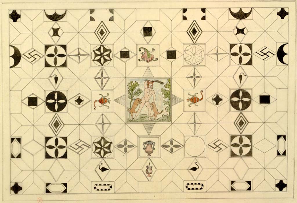 VI.17.25 or VI.17.25, Pompeii. Mosaic floor as drawn by Antoine-Marie Chenavard, c.1817.
See Chenavard, Antoine-Marie (1787-1883) et al. Voyage d'Italie, croquis Tome 3, pl. 102.
INHA Identifiant numérique : NUM MS 703 (3). See Book on INHA
Document placé sous « Licence Ouverte / Open Licence » Etalab