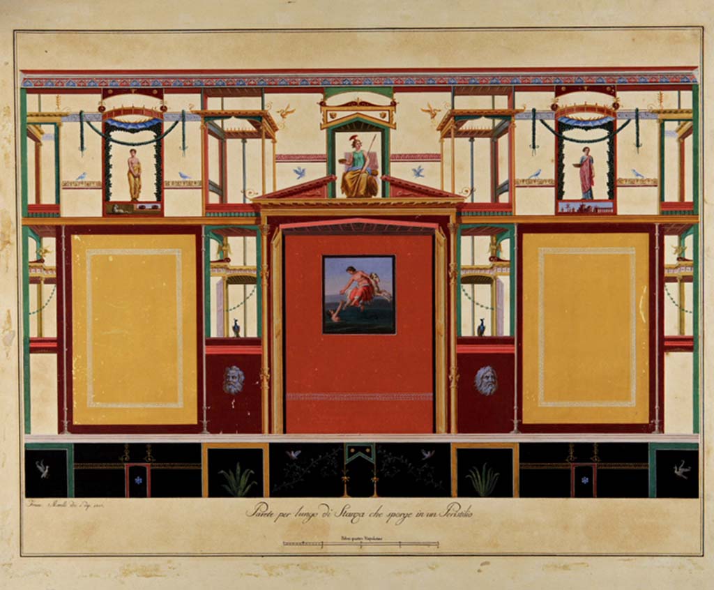 VI.17.36 or VI.17.25, Pompeii.
Painting by Francesco Morelli, 1810, showing the long wall of a room protruding onto a peristyle.
Now in Naples Archaeological Museum. Inventory number ADS 435.
Photo © ICCD. http://www.catalogo.beniculturali.it
Utilizzabili alle condizioni della licenza Attribuzione - Non commerciale - Condividi allo stesso modo 2.5 Italia (CC BY-NC-SA 2.5 IT)
According to Sampaolo, this painting is identified as being from Masseria Cuomo with the painting of Phrixus and Helle in the centre.
However, she wrote that in 1810 Morelli could not have reproduced the entire wall faithfully with all its paintings, as it had already been detached.
See Sampaolo, V. In Carratelli, G., 2003. Pompei: la documentazione nell’opera di disegnatori e pittori dei secoli XVIII e XIX. (Roma: Treccani), (p.99)