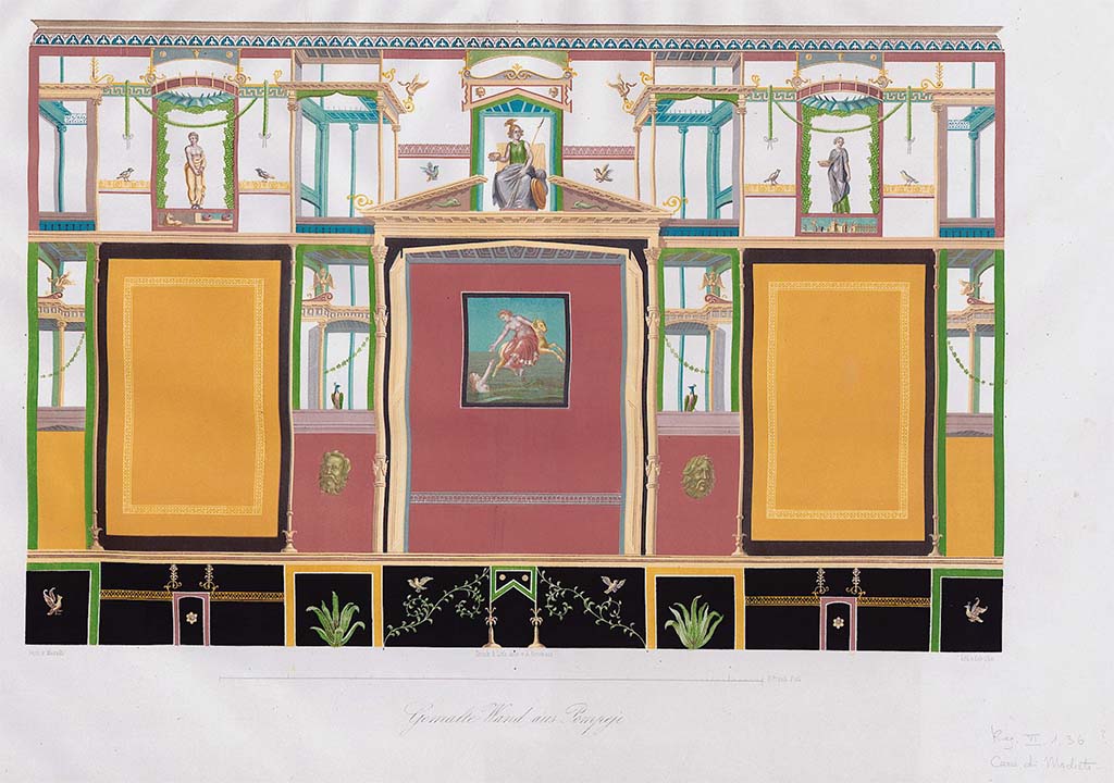 VI.17.36 or VI.17.25, Pompeii. Pre-September 1859.
Painting by Zahn of wall of house with central red panel with painting of Phrixus and Helle.
Sitting at the top of the same panel Minerva can be seen sitting on a throne.
The sides panels were yellow and the zoccolo was black.
See Zahn, W., 1852-59. Die schönsten Ornamente und merkwürdigsten Gemälde aus Pompeji, Herkulanum und Stabiae: III. Berlin: Reimer, taf. 96.
Someone has written in pencil in the lower right corner, Reg. VI.1.36? Casa di Modesto.