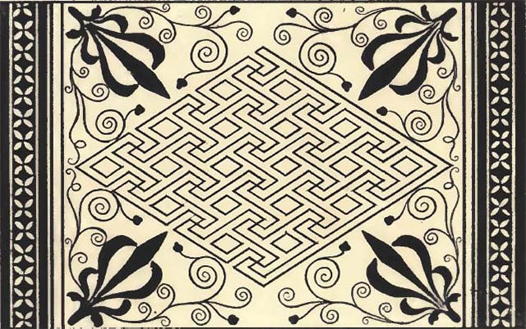 VI.17.36 Pompeii. Mosaic.
According to Roux, “these two mosaics that occupy the extremity of this page, come from the building called the House of Polybius.
They do not offer any colours other than black and white.
The pattern of the first is quite pleasant; and the Greek lozenge of the second seems to be the same as the Greek square, which would have been compressed by two of its opposing corners and elongated by the other two.”
See Roux, H., 1840. Herculanem et Pompei recueil général des Peintures, Bronzes, Mosaïques: Paris: Didot, Tome 5, 6th series - Mosaics. (p.18), pl.13 item 3.
See Mazois, F., 1824. Les Ruines de Pompei: Second Partie. Paris: Firmin Didot, p. 52, pl. XIV.