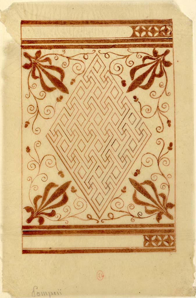 VI.17.36 Pompeii. Mosaic floor, sketched by Antoine-Marie Chenavard, c.1817.
See Chenavard, Antoine-Marie (1787-1883) et al. Voyage d'Italie, croquis Tome 3, pl. 105.
INHA Identifiant numérique : NUM MS 703 (3). See Book on INHA
Document placé sous « Licence Ouverte / Open Licence » Etalab