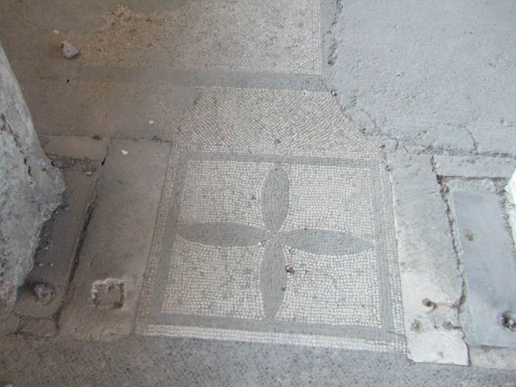 VI.17.41 Pompeii. May 2006. Mosaic door threshold between atrium and triclinium. The threshold of black and white mosaic shows a 4-petalled rosette bordered by a black edge.
On either side of the mosaic threshold, the holes for the door hinges belonging to a door with two shutters, can be seen. In the upper left corner, the �carpet� pattern of the anteroom floor consisting of small black crosses set in a black border, can be seen.
