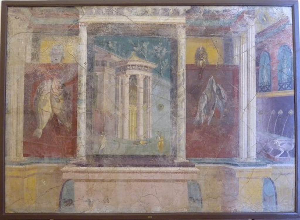 VI.17.41 Pompeii. Found on 6th October 1759 on the south wall of cubiculum 17. Wall painting of architectural setting with pavilion with two men, two masks, fountain and hanging fish. Now in Naples Archaeological Museum. Inventory number 8594. See Pagano, M. and Prisciandaro, R., 2006. Studio sulle provenienze degli oggetti rinvenuti negli scavi borbonici del regno di Napoli. Naples : Nicola Longobardi. (p.31).