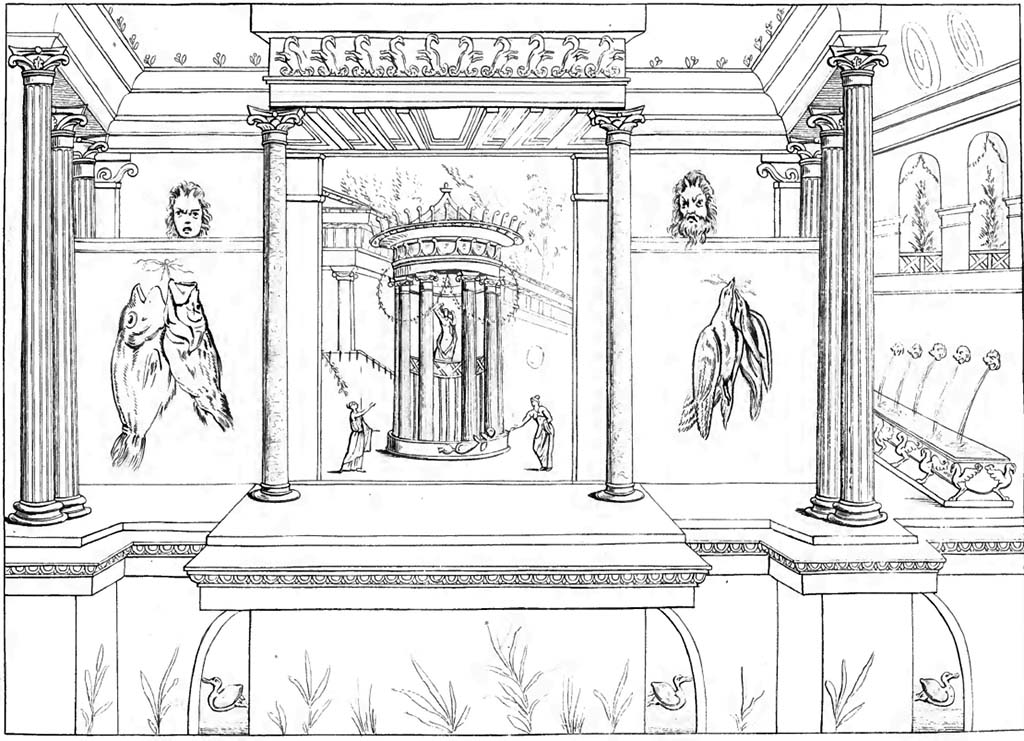 VI.17.41 Pompeii. Found on 6th October 1759 on the south wall of cubiculum 17.
Pre-1843 drawing by Abbate.
See Raccolta de più interessante Dipinture e di più belle Musaici rinvenuti negli Scavi di Ercolano, di Pompei, e di Stabia. 1843. Napoli, p. 187/260.