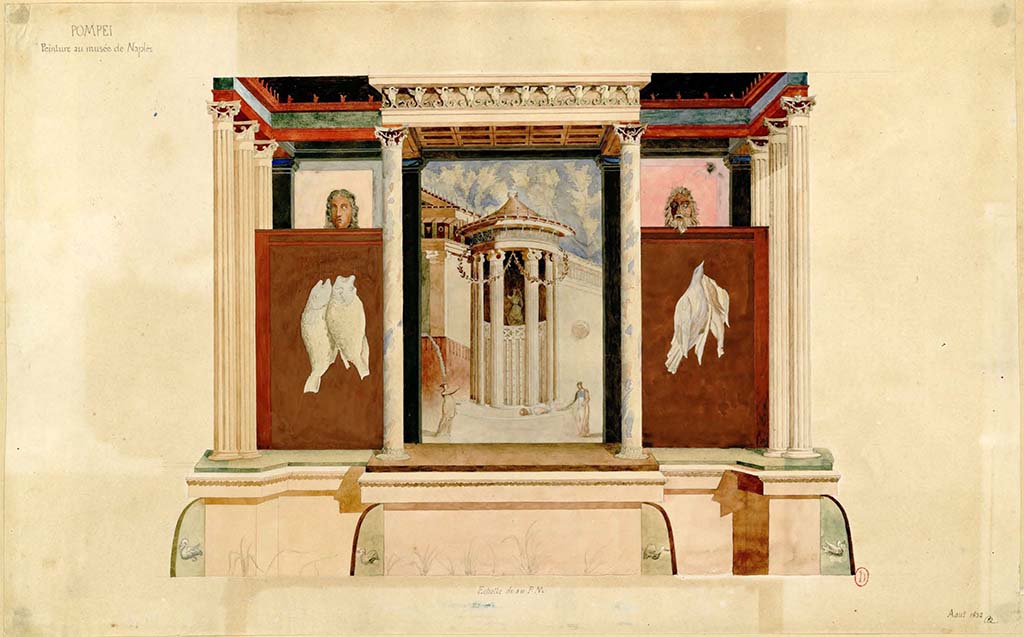 VI.17.41 Pompeii. August 1832. Painted in Naples Museum by Charles Auguste Questel.
Found on 6th October 1759 on the south wall of cubiculum 17 in VI.17.41.
See Charles-Auguste Questel (1807-1888) Voyage en Italie et Sicile. Août 1831 - novembre 1832, pl. 41/120.
INHA identifiant numérique: NUM MS 512. Document placé sous « Licence Ouverte / Open Licence » Etalab