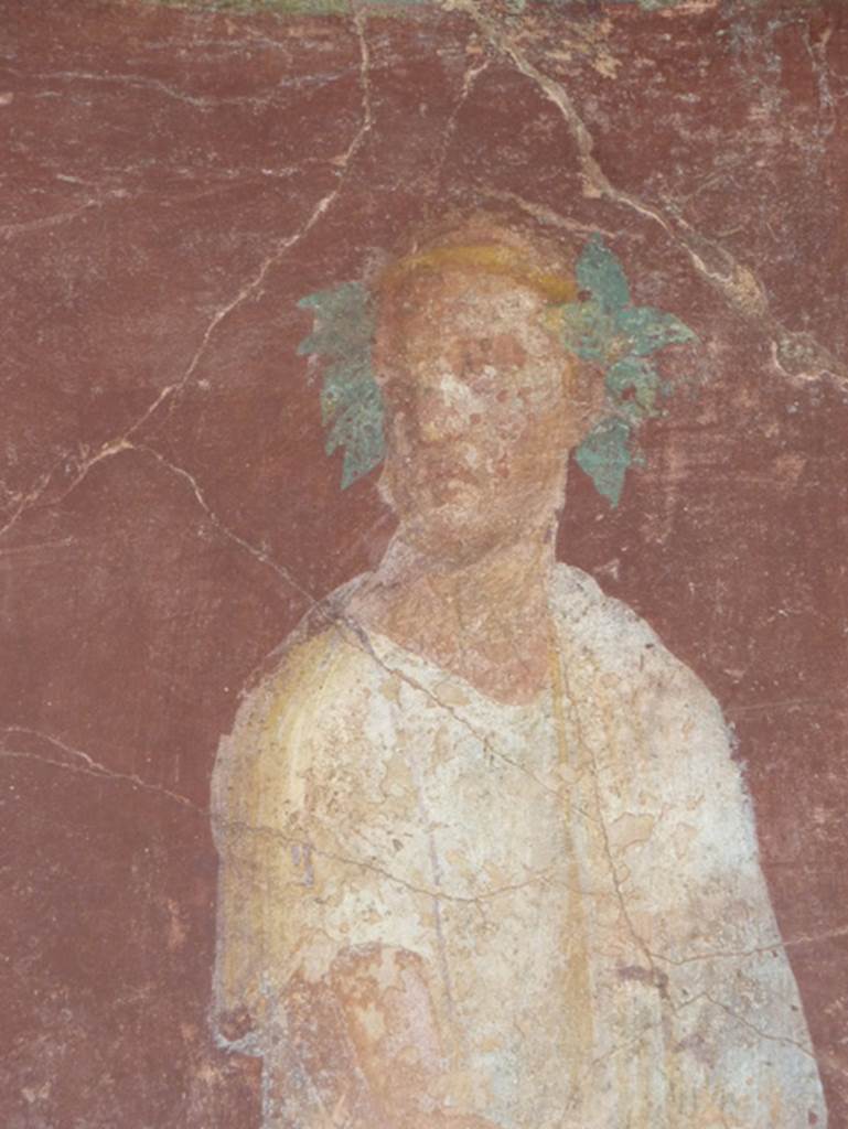 VI.17.41 Pompeii. October 2010. East wall of exedra 18 on north side of cubiculum 17.
Detail of painting of robed figure. Photo courtesy of Gaby Große.
