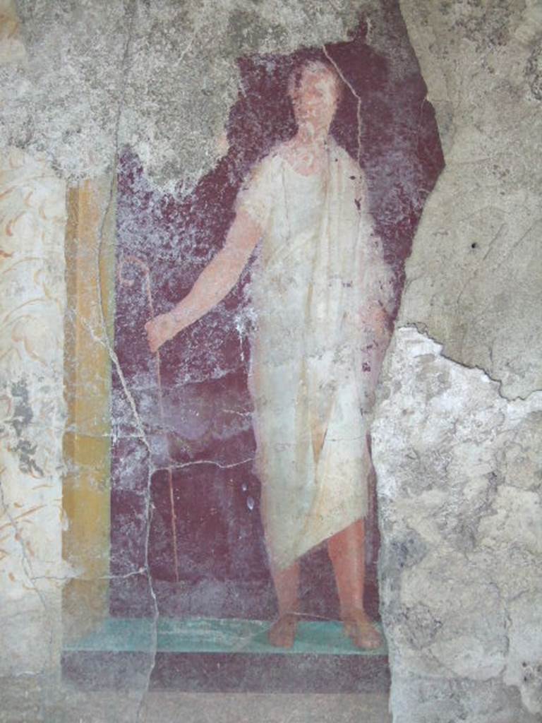 VI.17.41 Pompeii. May 2006. South wall of exedra 18 on north side of cubiculum 17.
Detail of painting of robed figure on south wall.