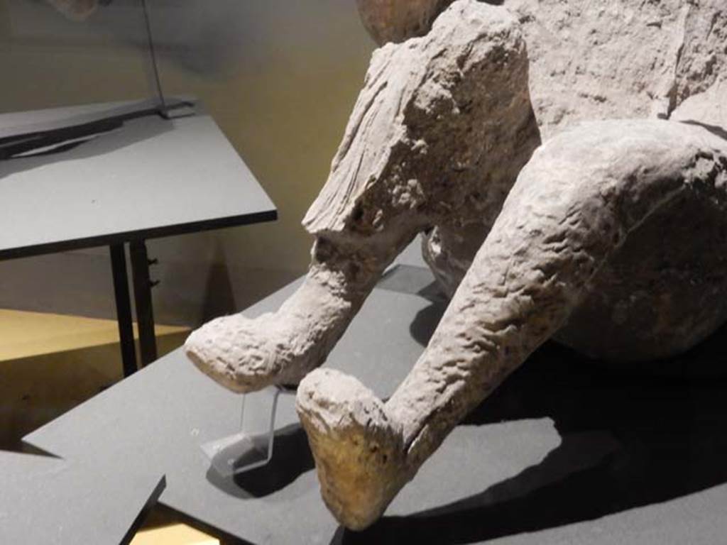 VI.17.42, Pompeii, May 2018. Plaster cast of legs and feet of man found in the corridor leading to the garden area.
Photo courtesy of Buzz Ferebee.