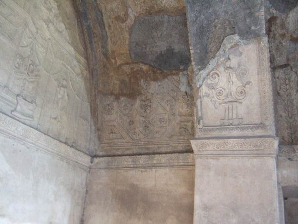 VII.1.8 Pompeii. September 2005. Detail of plaster in south-east corner of men’s changing room 2.