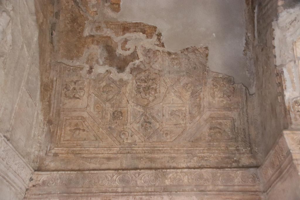 VII.1.8 Pompeii. October 2022.
Detail of stucco on south wall in south-east corner of men’s changing room 2. Photo courtesy of Klaus Heese.