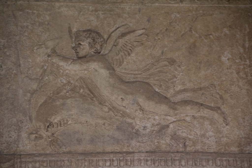 VII.1.8 Pompeii. April 2014. Detail of stuccoed cupid with dolphin from south end of east wall of men’s changing room 2.
Photo courtesy of Klaus Heese.