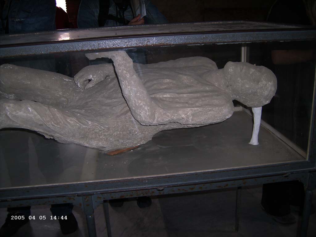 VII.1.8 Pompeii. April 2005. Plaster cast of body, on display in men’s changing room 2.
Photo courtesy of Klaus Heese.