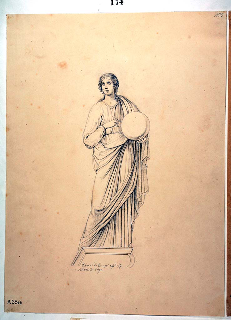 VII.1.47 Pompeii, Exedra 10, west end of south wall. Drawing by Nicola La Volpe, of Muse Urania, floating on a shelf, partially preserved in situ.
Now in Naples Archaeological Museum. Inventory number ADS 66.
Photo © ICCD. http://www.catalogo.beniculturali.it
Utilizzabili alle condizioni della licenza Attribuzione - Non commerciale - Condividi allo stesso modo 2.5 Italia (CC BY-NC-SA 2.5 IT)
See Helbig, W., 1868. Wandgemälde der vom Vesuv verschütteten Städte Campaniens. Leipzig: Breitkopf und Härtel, (890).