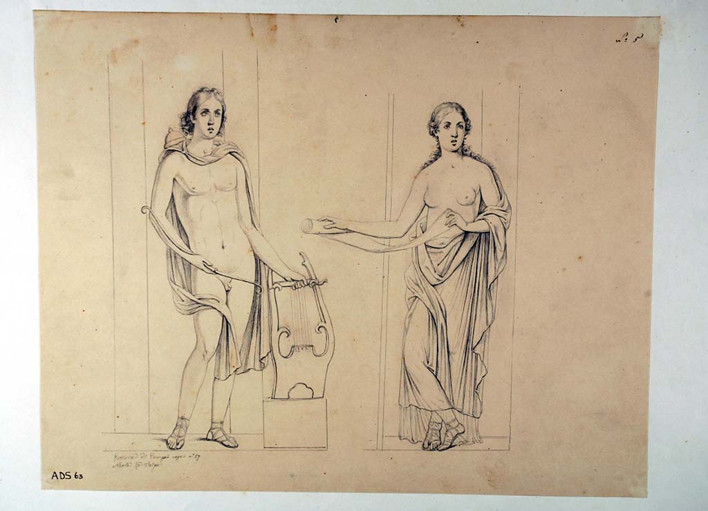 VII.1.47 Pompeii. Exedra 10, north wall. Drawings by Nicola La Volpe, of two figures seen in the middle zone architecture, on either side of the central wall painting on north wall.
On the left is a drawing of Apollo (Helbig 186) and on the right, a female figure with a scroll, (Helbig 860).
For the female figure, see also painting by Abbate featured on the right, east side, of central painting, below.
Now in Naples Archaeological Museum. Inventory number ADS 63.
Photo © ICCD. http://www.catalogo.beniculturali.it
Utilizzabili alle condizioni della licenza Attribuzione - Non commerciale - Condividi allo stesso modo 2.5 Italia (CC BY-NC-SA 2.5 IT)
See Helbig, W., 1868. Wandgemälde der vom Vesuv verschütteten Städte Campaniens. Leipzig: Breitkopf und Härtel, 186, 860.