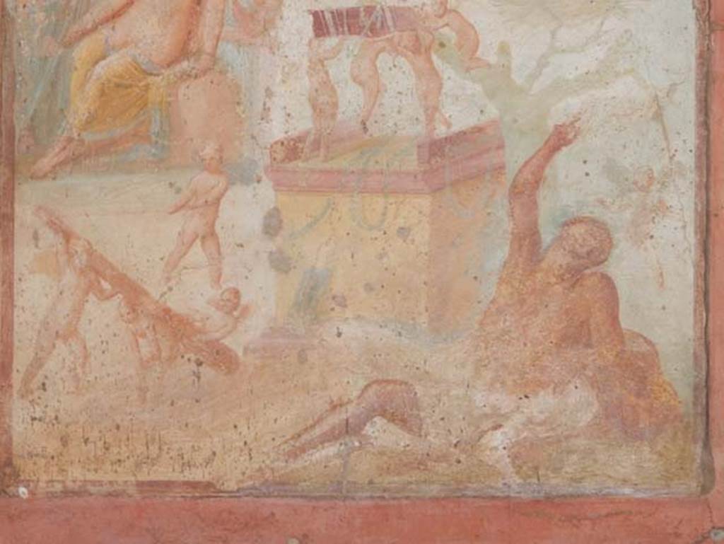 VII.1.47 Pompeii. May 2017. Exedra 10, detail of lower central painting on north wall.
Hercules, inebriated, is lying on the ground at the foot of a cypress tree.
On the altar, three Cupids bear the hero's quiver on their shoulders.
Four other Cupids are on the ground playing with his club.
Photo courtesy of Buzz Ferebee.