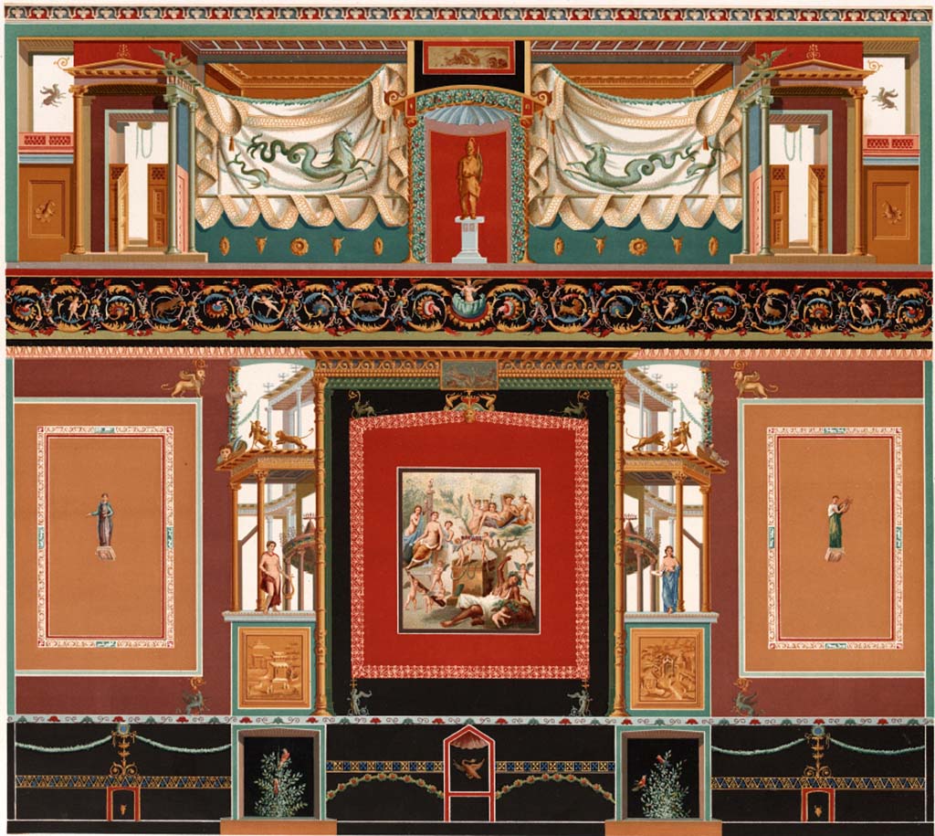 VII.1.47 Pompeii. 1886 copy of paintings on north wall of exedra 10.
See D’Amelio, P, 1886. Dipinti murali scelte di Pompei. Naples: Richter, Tav. XV.
See Carratelli, G. P., 1990-2003. Pompei: Pitture e Mosaici: Vol. VI. Roma: Istituto della enciclopedia italiana, p. 255.