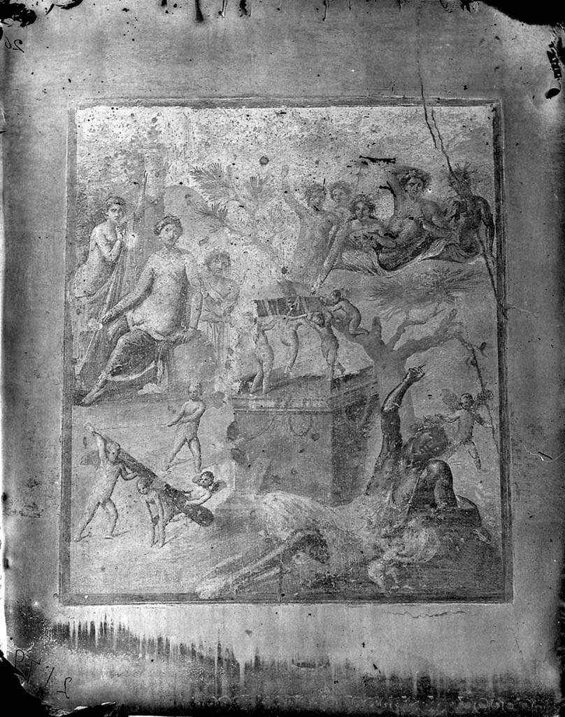 VII.1.47 Pompeii. c.1871. Wall painting of drunken Hercules, from north wall of exedra 10.
Photo by J. H. Parker, © American Academy in Rome. Parker.2179.Italia.