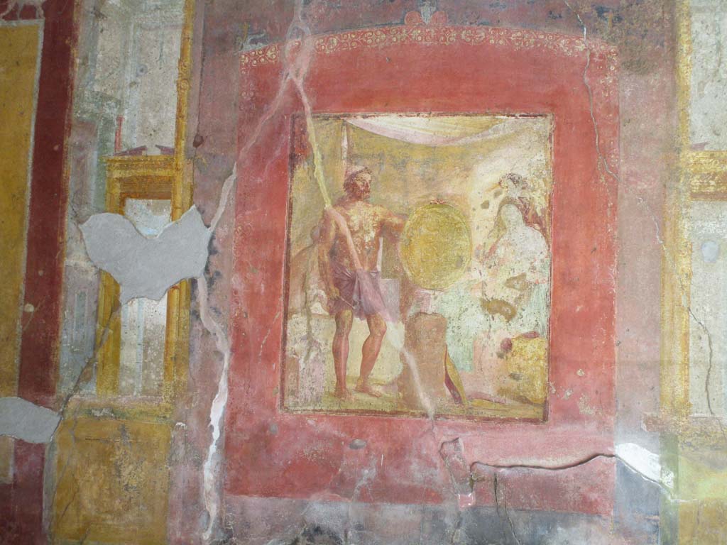 VII.1.47 Pompeii. April 2019.
Exedra 10, east wall, painting of Thetis at the forge of Hephaestus receiving the shield for Achilles.
Photo courtesy of Rick Bauer.