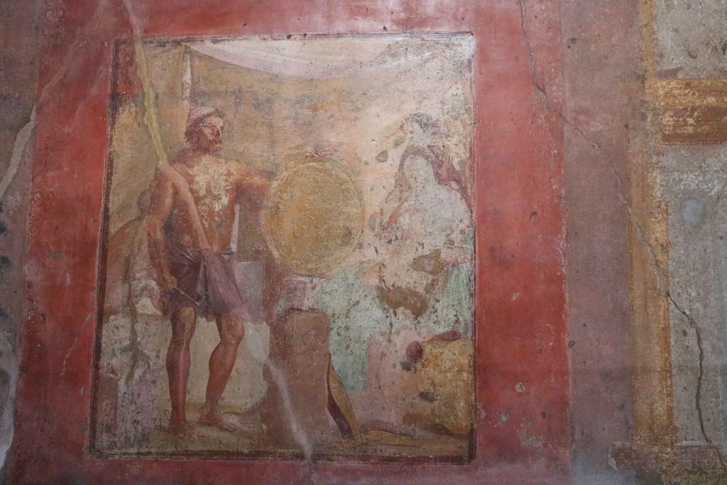 VII.1.47, Pompeii. December 2018.
Exedra 10, east wall, painting of Thetis at the forge of Hephaestus receiving the shield for Achilles. Photo courtesy of Aude Durand.