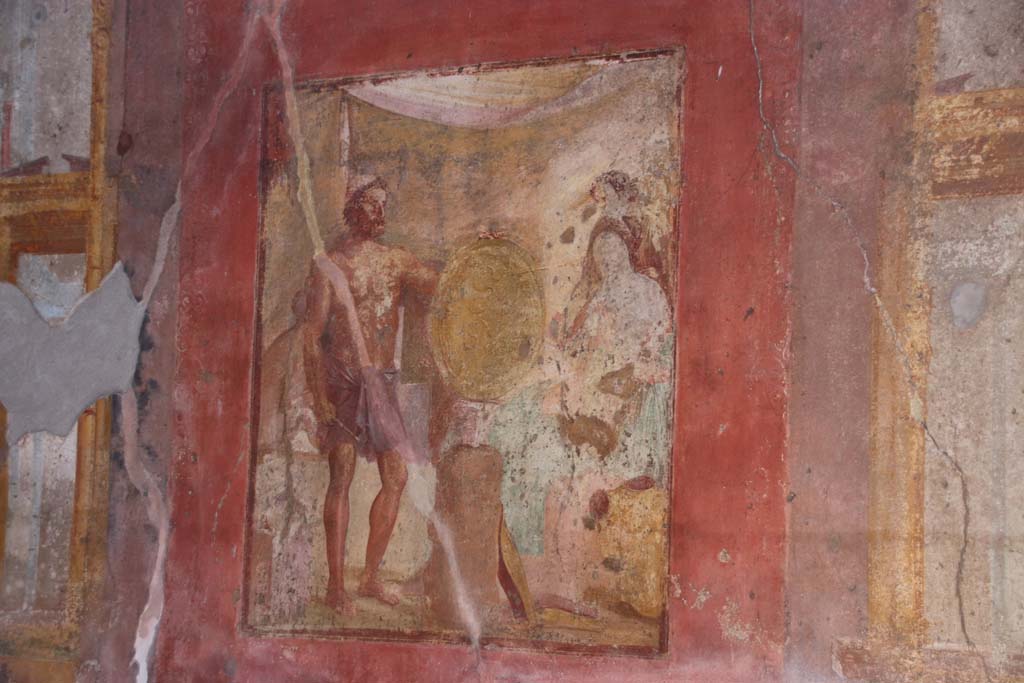 VII.1.47 Pompeii. September 2017. Exedra 10, central painting on east wall.
Photo courtesy of Klaus Heese.