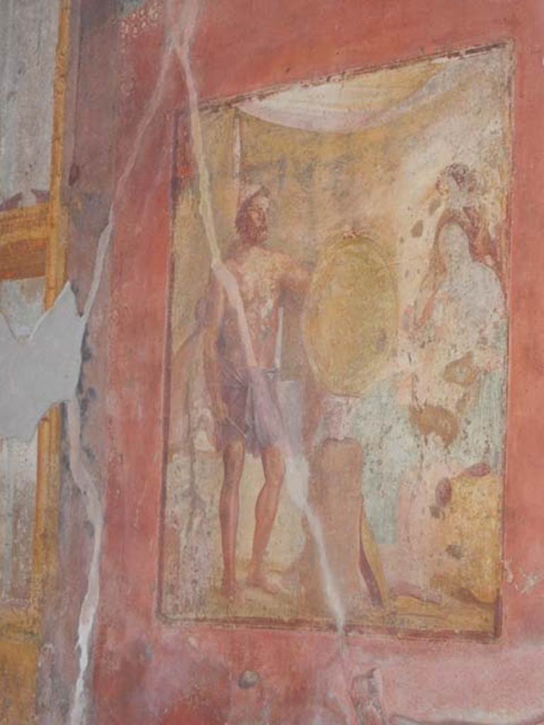 VII.1.47 Pompeii. May 2017. Exedra 10, east wall.
Wall painting of Thetis at the forge of Hephaestus receiving the shield for Achilles.
Behind Thetis is another figure (Fate or Destiny?).
Photo courtesy of Buzz Ferebee.
See Carratelli, G. P., 1990-2003. Pompei: Pitture e Mosaici: Vol. VI. Roma: Istituto della enciclopedia italiana, p. 279.