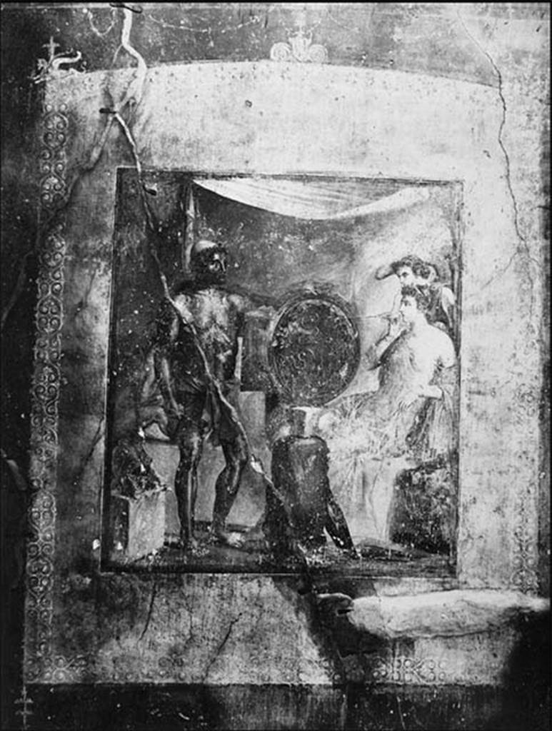 VII.1.47 Pompeii. Old photo c.1900. Exedra 10 in north-west corner of atrium, east wall.
Wall painting of Thetis at the forge of Hephaestus receiving the shield and arms for Achilles.