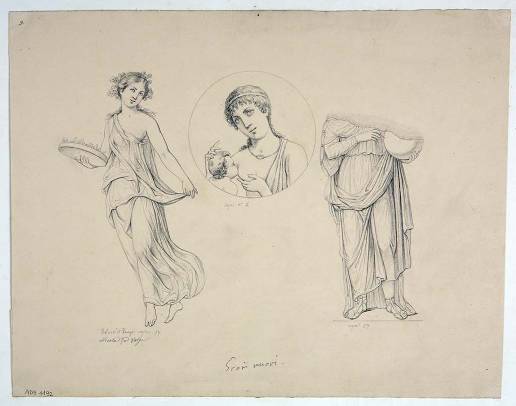 VII.1.25/47 Pompeii. Drawings by Nicola La Volpe. Drawing of two vignettes, left and right, from unidentified room.
The central medallion is from VIII.4.4.
Now in Naples Archaeological Museum. Inventory number ADS 1192.
Photo © ICCD. http://www.catalogo.beniculturali.it
Utilizzabili alle condizioni della licenza Attribuzione - Non commerciale - Condividi allo stesso modo 2.5 Italia (CC BY-NC-SA 2.5 IT)
