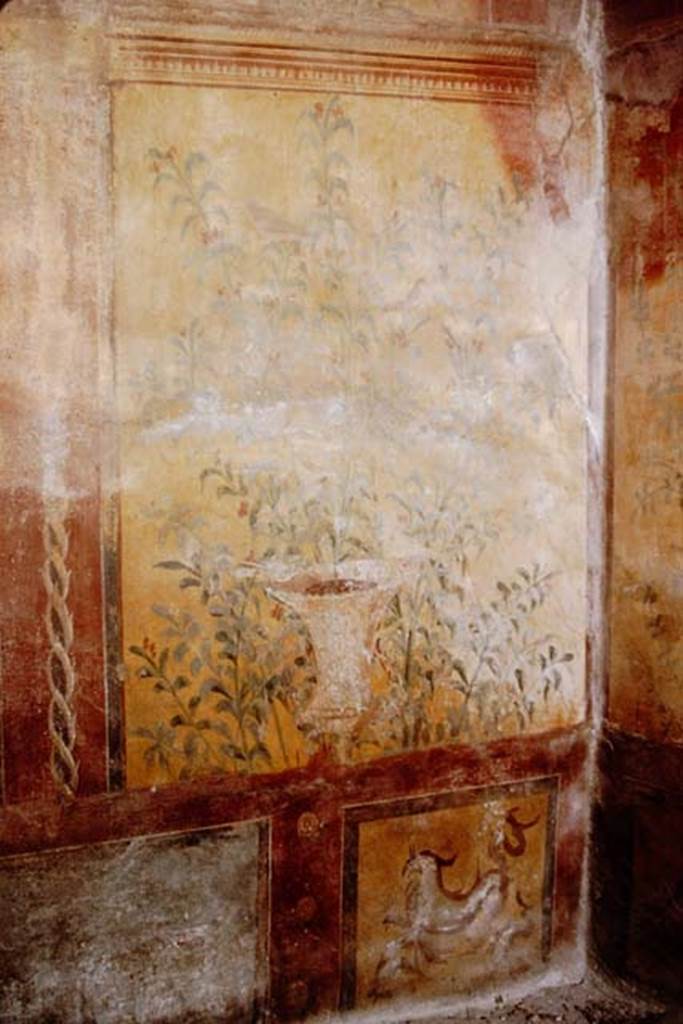 VII.2.25 Pompeii. 1964. Viridarium, south end of east wall. Painting of plants and birds, with a painted urn or crater. Photo by Stanley A. Jashemski.
Source: The Wilhelmina and Stanley A. Jashemski archive in the University of Maryland Library, Special Collections (See collection page) and made available under the Creative Commons Attribution-Non Commercial License v.4. See Licence and use details.
J64f1378