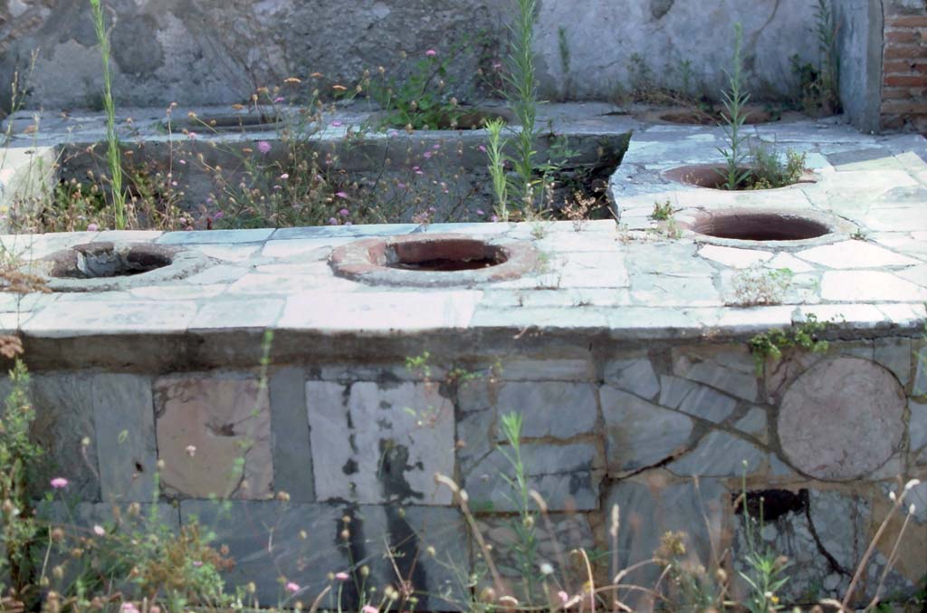 VII.2.32, Pompeii. 1976. Detail of marble clad counter, looking east. Photo courtesy of Rick Bauer, from Dr George Fay�s slides collection.


