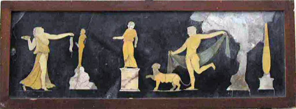 VII.4.31 Pompeii. Found on 22nd May 1845. Dionysiac scenes in coloured marble. Now in Naples Archaeological Museum. Inventory numbers 9977 and 9979.
According to PAH II, 440, these were described as found in VII.38, according to Naples Museum and PPM, these were found in VII.4.31/51.
See Carratelli, G. P., 1990-2003. Pompei: Pitture e Mosaici. Roma: Istituto della enciclopedia italiana. (245-13-14)
See Pagano, M., and Prisciandaro, R., 2006. Studio sulle provenienze degli oggetti rinvenuti negli scavi borbonici del regno di Napoli: Naples : Nicola Longobardi. (p.160-1).