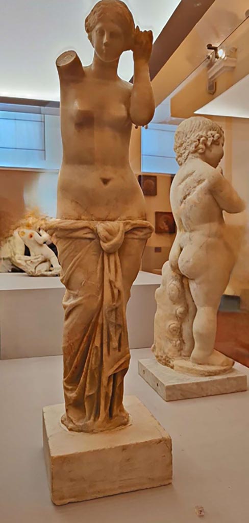 VII.3.6 Pompeii. October 2023.
Marble statuette of Venus Anadyomene, found in the aedicula lararium on south wall of garden.
Photo courtesy of Giuseppe Ciaramella.
On display in “L’altra MANN” exhibition, October 2023, at Naples Archaeological Museum.