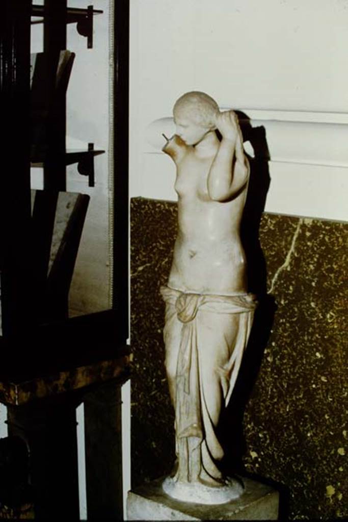 VII.3.6 Pompeii. 1971. Marble statuette of Venus Anadyomene. Photo by Stanley A. Jashemski.
Now in Naples Archaeological Museum, inventory number 126248.
Source: The Wilhelmina and Stanley A. Jashemski archive in the University of Maryland Library, Special Collections (See collection page) and made available under the Creative Commons Attribution-Non Commercial License v.4. See Licence and use details.
J71f0266