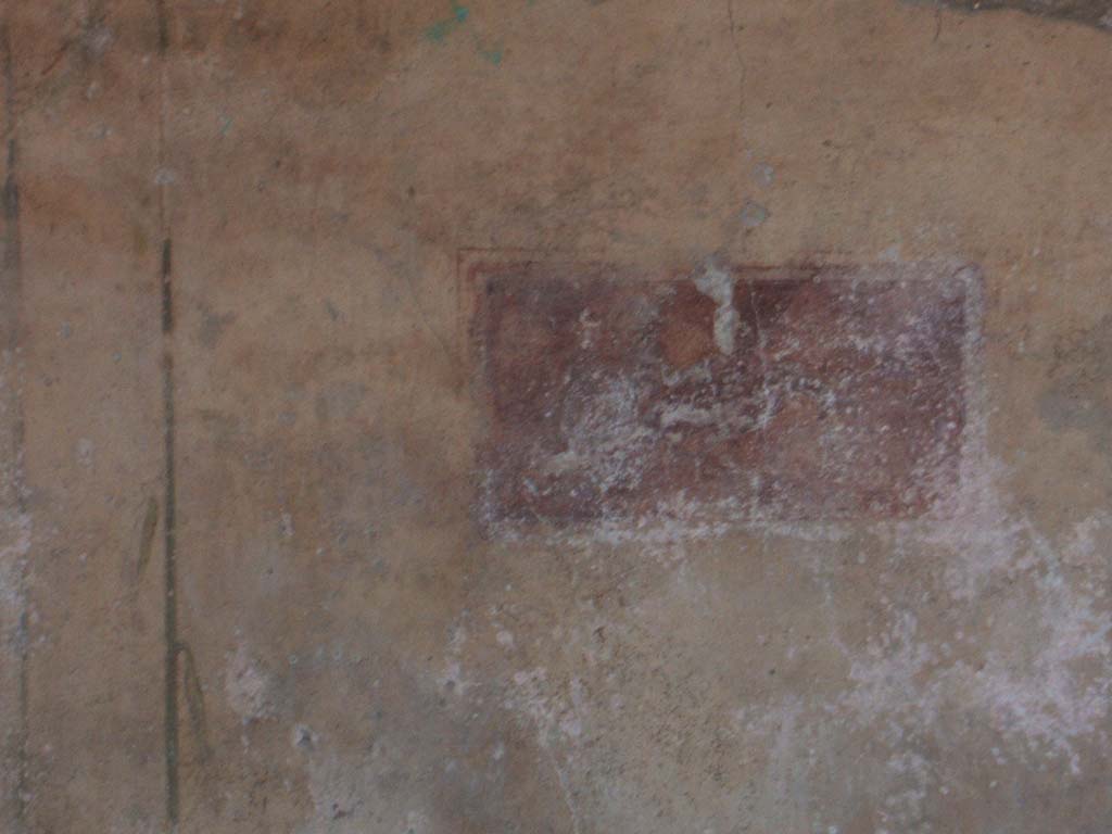VII.3.21 Pompeii. May 2005. Painted panel on a violet background, in centre of west wall of vaulted triclinium.
In this panel was painted the chariot of Dionysus, identified by the panthers, a rhyton and kantharos.
See drawing by Giuseppe Abbate in 1843, ADS 562, upper drawing above.