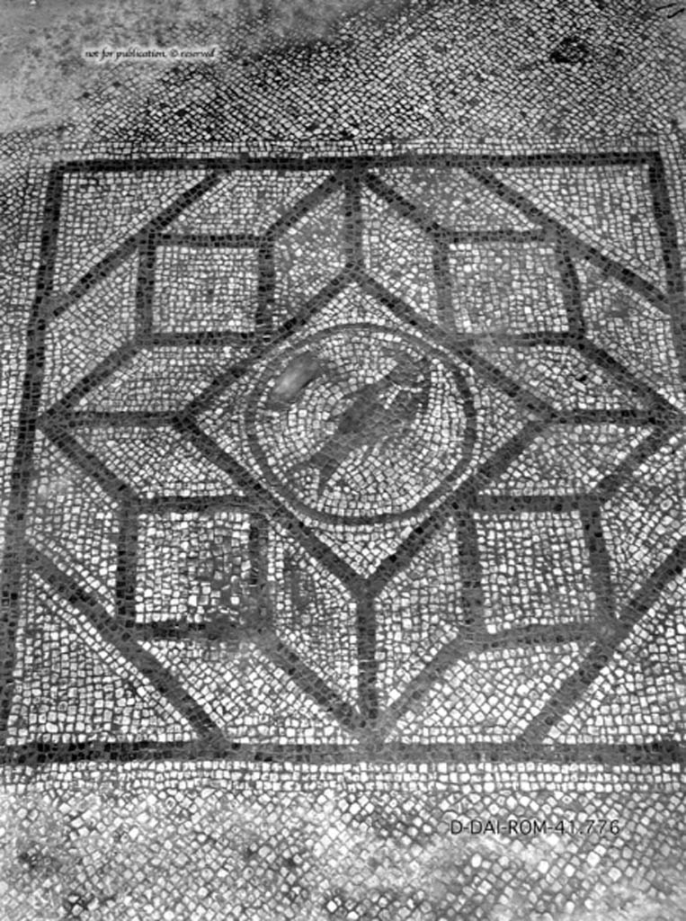 VII.3.21 Pompeii. c.1930. Mosaic flooring in oecus/triclinium, detail of central emblema.
DAIR 41.776. Photo © Deutsches Archäologisches Institut, Abteilung Rom, Arkiv.
See Pernice, E. 1938. Pavimente und Figürliche Mosaiken: Die Hellenistische Kunst in Pompeji, Band VI. Berlin: de Gruyter, (tav. 49.4).
According to PPM, the central fish in the inner circle was perfectly preserved in the 1930’s, but now (1979) all that remains is the tip of a fin.
See Carratelli, G. P., 1990-2003. Pompei: Pitture e Mosaici. Vol. VI. Roma: Istituto della enciclopedia italiana, (p. 881).