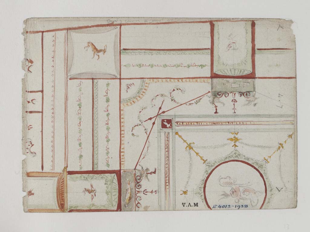 VII.3.21 Pompeii. c.1840.
Painting/drawing of ceiling in triclinium, by James William Wild.
Photo © Victoria and Albert Museum, inventory number E.4013-1938.