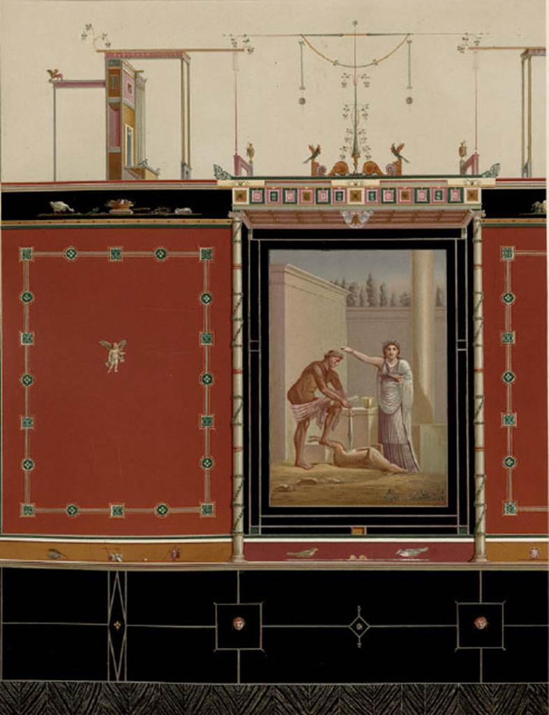 VII.3.29 Pompeii. Drawing of about 1880, of wall painting from the south wall of the triclinium. Wall painting now in Naples Museum. Inventory number 120086. According to Sogliano, Heydemann thought the painting was of Hercules. Helbig proposed  that the painting represented Achilles at the altar of Diana. Brizio recognised the atonement of Oreste after killing his mother. See Sogliano, A., 1879. Le pitture murali campane scoverte negli anni 1867-79. Napoli: (p. 101 no: 548 � 120085, and p.126 no: 616 � 120086) 
