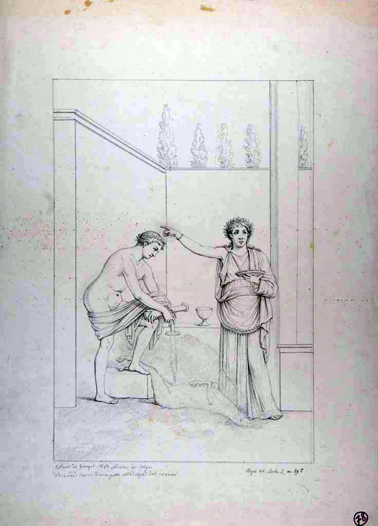 VII.3.29 Pompeii. Drawing by Nicola La Volpe of painting from south wall of triclinium.
Now in Naples Archaeological Museum. Inventory number ADS 565.
Photo � ICCD. https://www.catalogo.beniculturali.it
Utilizzabili alle condizioni della licenza Attribuzione - Non commerciale - Condividi allo stesso modo 2.5 Italia (CC BY-NC-SA 2.5 IT)
The original fresco is now in Naples Museum, inventory number 120086.
