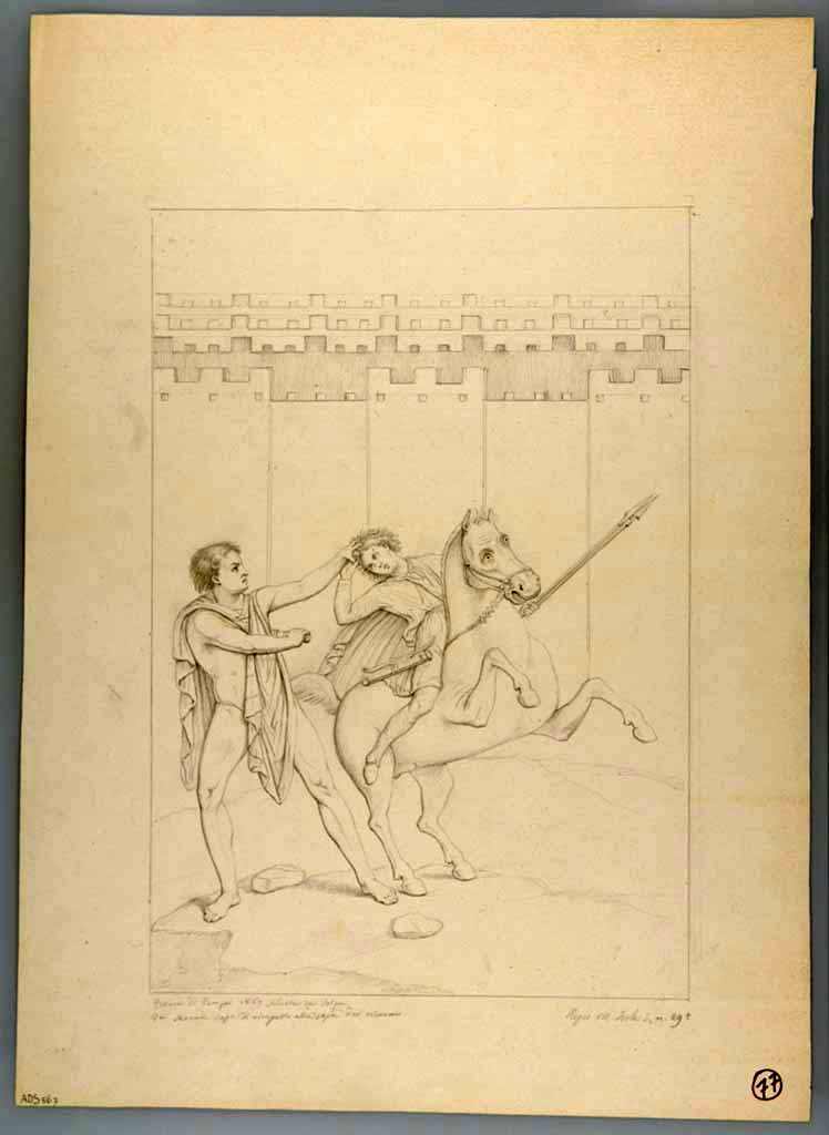 VII.3.29 Pompeii. 1867 drawing by N. La Volpe of painting of a hero and an Amazon on horseback from north wall of the triclinium.
Now in Naples Archaeological Museum. Inventory number ADS 567.
Photo � ICCD. https://www.catalogo.beniculturali.it
Utilizzabili alle condizioni della licenza Attribuzione - Non commerciale - Condividi allo stesso modo 2.5 Italia (CC BY-NC-SA 2.5 IT)
