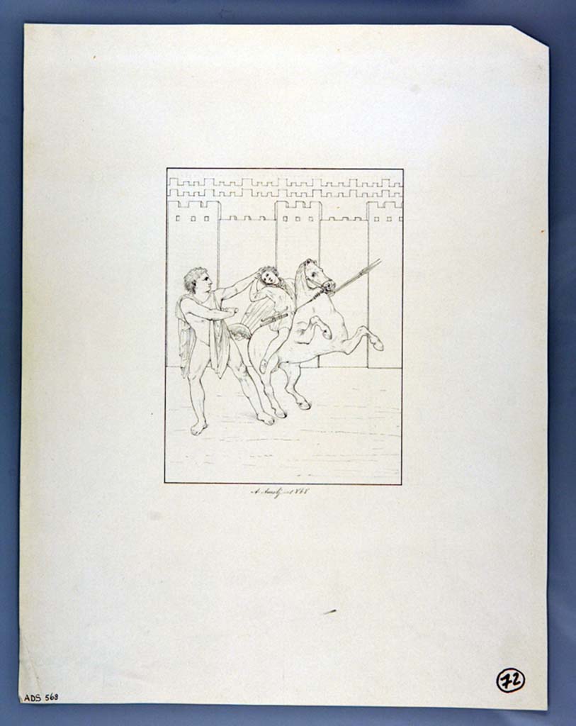 VII.3.29 Pompeii. 1868 drawing by A. Aurelj of painting of a hero and an Amazon on horseback from north wall of the triclinium.
Now in Naples Archaeological Museum. Inventory number ADS 568.
Photo � ICCD. http://www.catalogo.beniculturali.it
Utilizzabili alle condizioni della licenza Attribuzione - Non commerciale - Condividi allo stesso modo 2.5 Italia (CC BY-NC-SA 2.5 IT)
