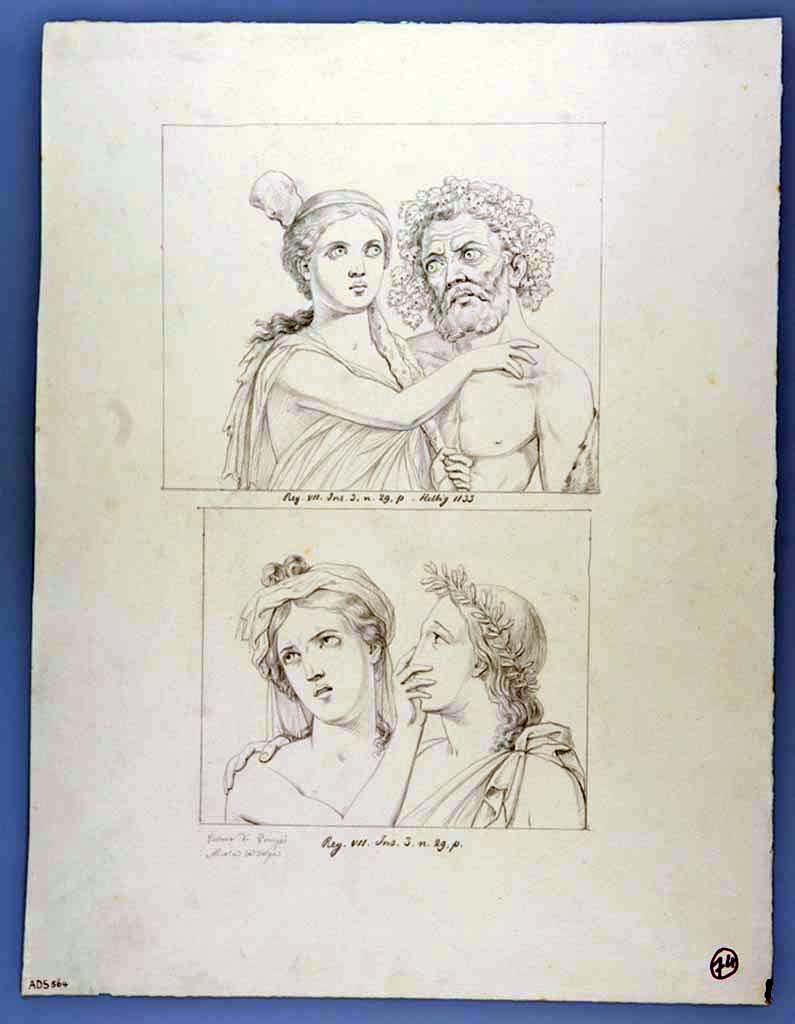 VII.3.29 Pompeii. Room 13, ala on east side of atrium. South wall. Drawing by Nicola La Volpe of two vignettes; 
The first shows the bust of a bearded Hercules, crowned with vine leaves, who looks towards Omphale with the cudgel in her left hand, supporting her right hand on the hero's shoulder; 
In the vignette beneath a maiden (maenad?) with a hand near to the mouth of a youth who wears a crown of olive branch, and he in turn puts his arm on her shoulders.
Now in Naples Archaeological Museum. Inventory number ADS 564.
Photo � ICCD. https://www.catalogo.beniculturali.it
Utilizzabili alle condizioni della licenza Attribuzione - Non commerciale - Condividi allo stesso modo 2.5 Italia (CC BY-NC-SA 2.5 IT)

