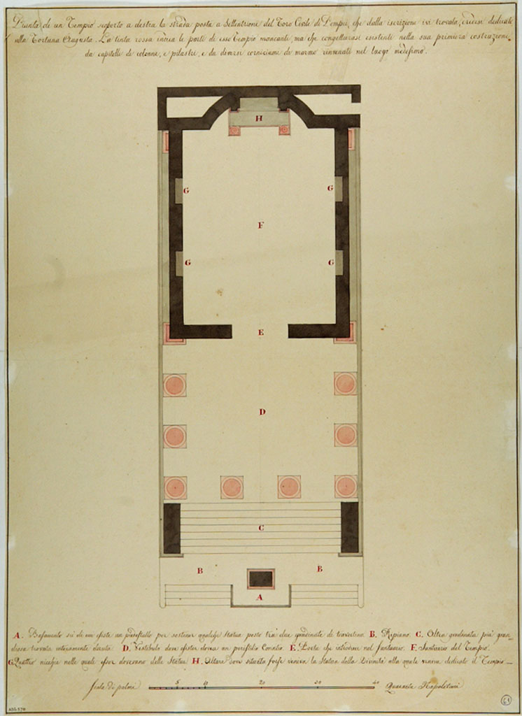 VII.4.1 Pompeii. Drawing with watercolours, by Antonio Bonucci, of plan of Temple.
He wrote that the parts painted pink indicated -
“the missing parts but conjectured as existing in its first construction by the capitals of the columns and pilasters and by several marble entablatures found in the same place.”
Under the plan, he wrote –
A. Base, on which was a pedestal which supported some statue placed between two travertine steps.
B. Terrace.
C. Other grander steps found entirely ruined.
D. Vestibule, where a Corinthian Peristyle would have existed.
E. Door, which introduced into the Sanctuary of the Temple.
F. Temple.
G. 4 niches in which some statues would have been placed.
H. Altar, where the statue of the Divinity would have been placed, to whom the Temple was dedicated.
Now in Naples Archaeological Museum. Inventory number ADS 570.
Photo © ICCD. http://www.catalogo.beniculturali.it
Utilizzabili alle condizioni della licenza Attribuzione - Non commerciale - Condividi allo stesso modo 2.5 Italia (CC BY-NC-SA 2.5 IT)