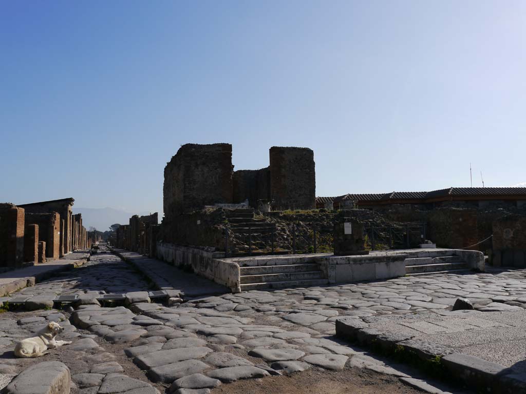 VII.4.1, Pompeii. March 2019. Looking south-east from junction of Via del Foro and Via della Fortuna.
Foto Anne Kleineberg, ERC Grant 681269 DÉCOR.