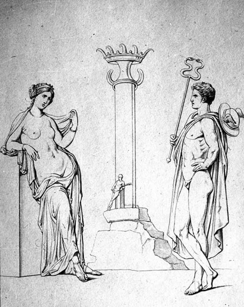 VII.4.23 Pompeii. W.18. Drawing of Mercury, Venus and statue of Priapus, found painted on the external pilaster between numbers 23 and 24.
See Real Museo Borbonico, 1, tav.32.
See Helbig, W., 1868. Wandgem�lde der vom Vesuv versch�tteten St�dte Campaniens. Leipzig: Breitkopf und H�rtel. (20)
Photo by Tatiana Warscher. With kind permission of DAI Rome, whose copyright it remains. 

Found painted in red and black in November 1821 on this pilaster was �
M(arcum)  Cerrinium  aed(ilem)  d(ignum)  r(ei)  p(ublicae)  o(ro)  v(os)  f(aciatis)     [CIL IV 556]
and underneath it was �
Marcellum
aed(ilem) rog(at)     [CIL IV 557]
See Pagano, M. and Prisciandaro, R., 2006. Studio sulle provenienze degli oggetti rinvenuti negli scavi borbonici del regno di Napoli.  Naples : Nicola Longobardi. 
(p. 123)

