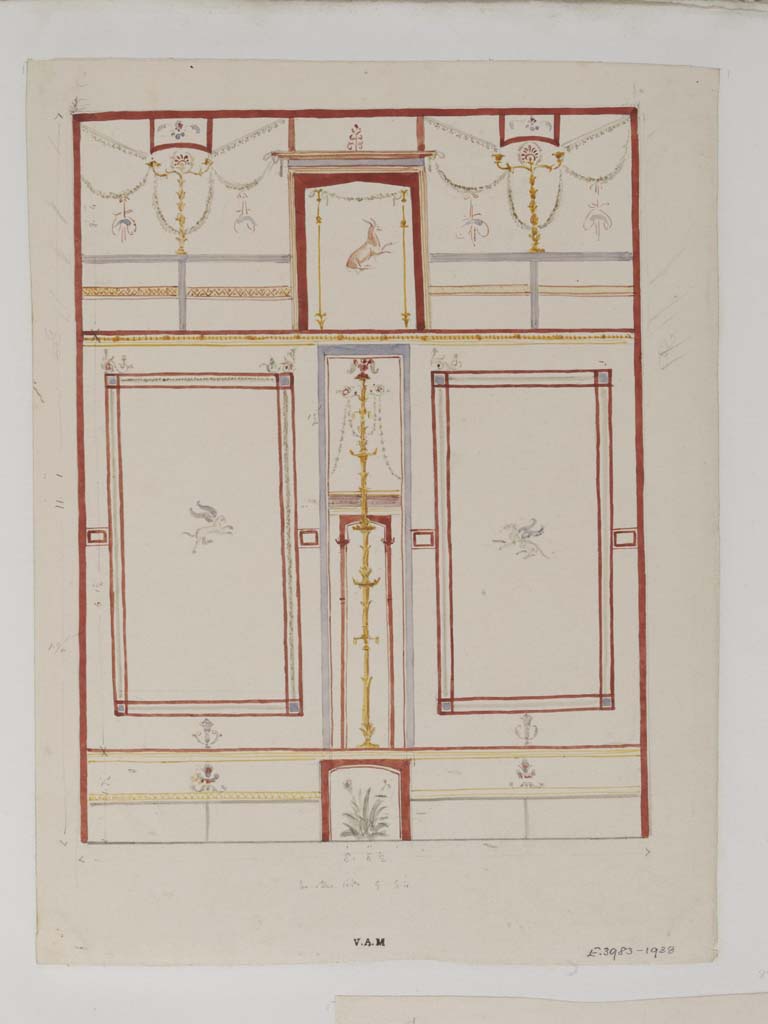 VII.4.31/51 Pompeii. c.1840. Watercolour painting by James William Wild, looking towards west wall of cubiculum 33.
Photo � Victoria and Albert Museum, inventory number E.3983-1938.
