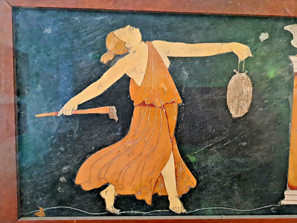 VII.4.31/51 Pompeii. Found in tablinum on 22nd May 1845. Detail of Maenad from Dionysian scene.
Now in Naples Archaeological Museum. Inventory number 9977. Photo courtesy of Giuseppe Ciaramella. September 2024.