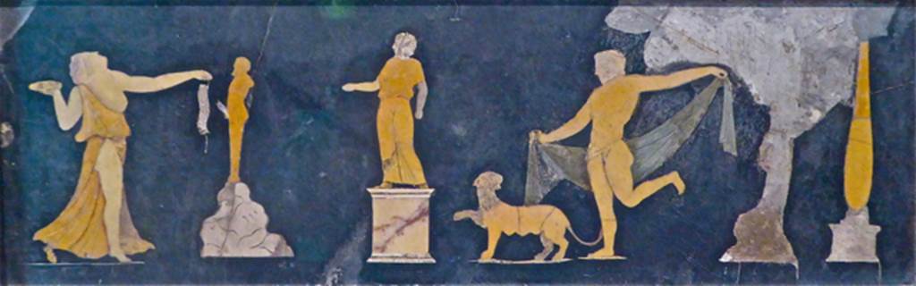 VII.4.31/51 Pompeii. Found in tablinum on 22nd May 1845. Dionysiac scene in coloured marble.
Now in Naples Archaeological Museum. Inventory number 9979.
Photo courtesy of Michael Binns.