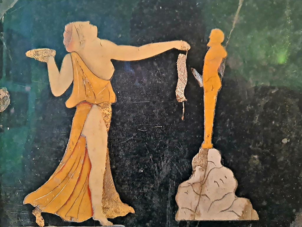 VII.4.31/51 Pompeii. Found in tablinum on 22nd May 1845.
Detail of a dancing Maenad from Dionysian scene. Photo courtesy of Giuseppe Ciaramella. September 2024.
Now in Naples Archaeological Museum. Inventory number 9979.
